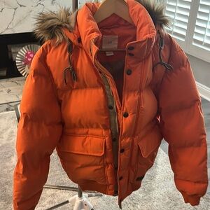 H&M Orange Puffer Jacket with Faux Fur Hood